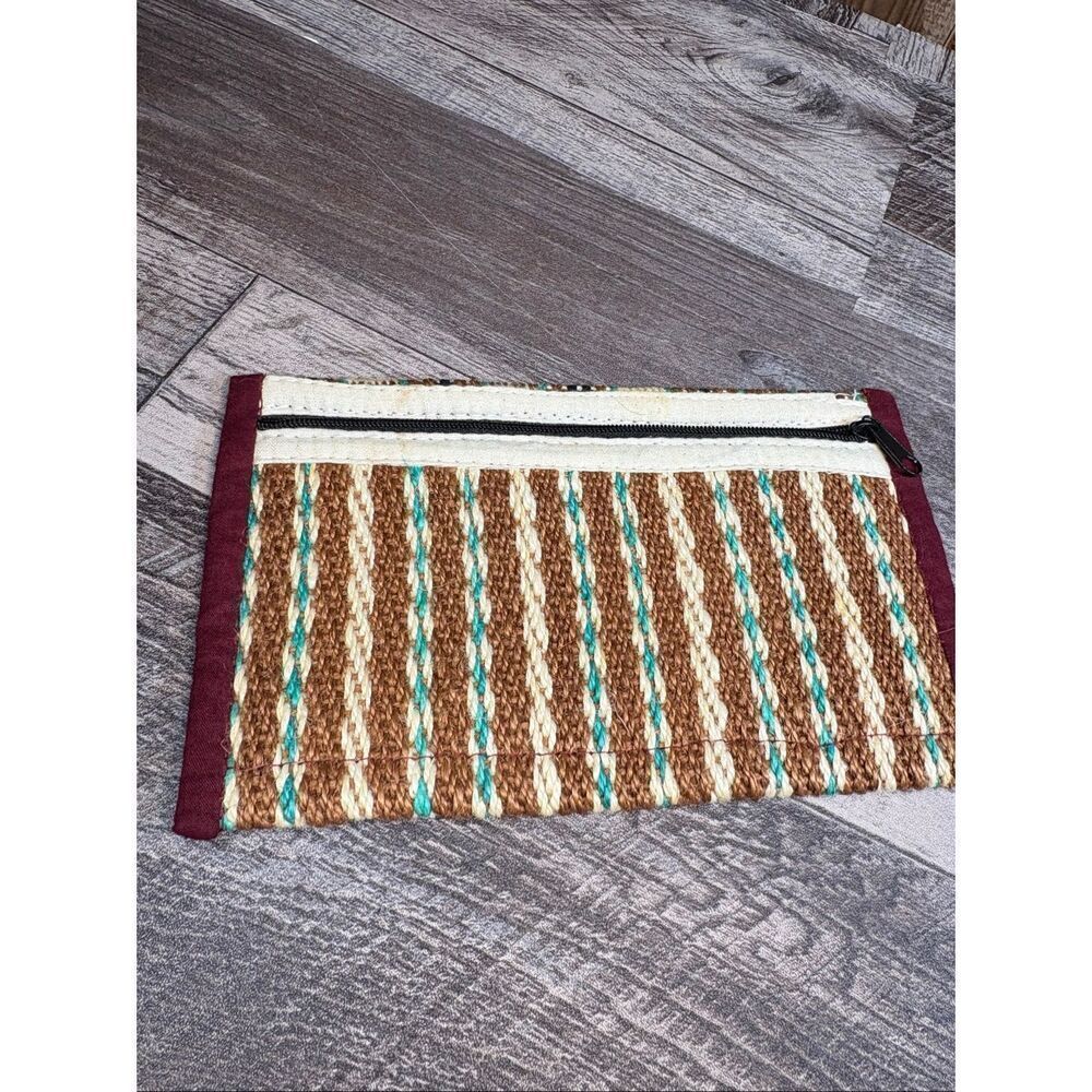 Handmade Woven Zip Pouch | Southwest Boho Stripe Pattern | Rustic Brown & Teal T
